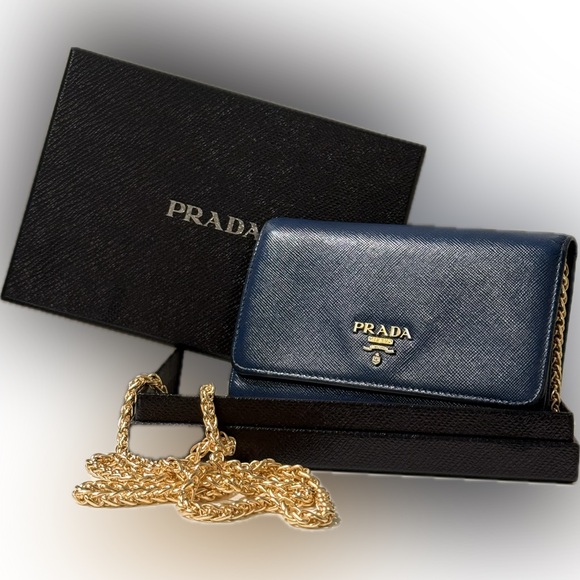 Prada Navy Blue Leather Wallet with Gold Chain Tri-fold Wallet Includes Box EUC - Picture 1 of 10
